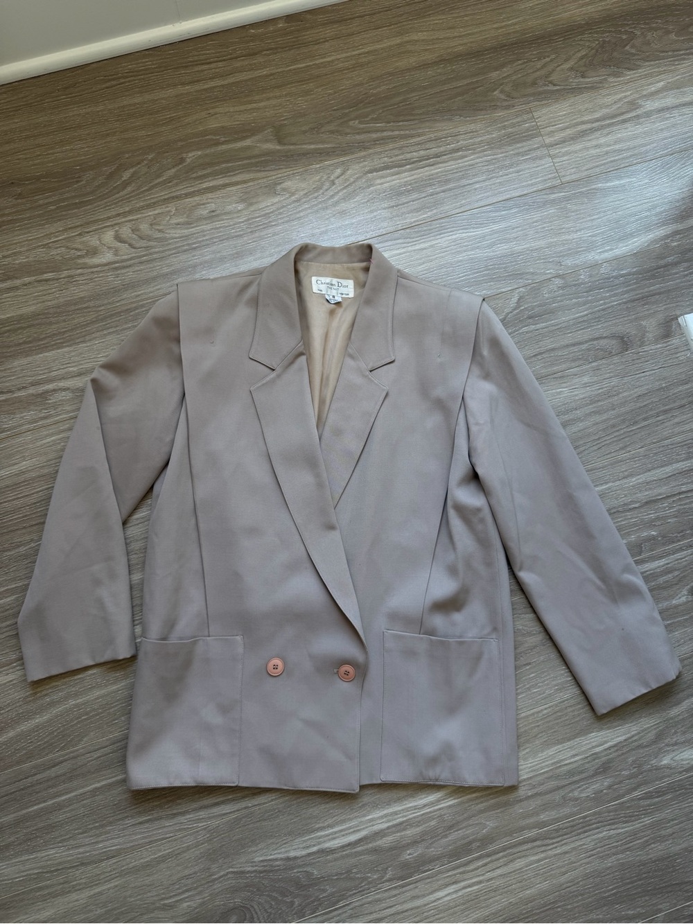 Christian Dior Vintage Double Breasted Blazer Jacket Tan Beige Sz 8 100% Wool